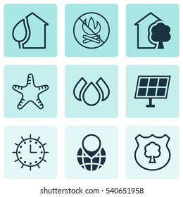 Set Of 9 Ecology Icons. Includes Pin Earth, Sun Clock, Timber And Other Symbols. Beautiful Design Elements.