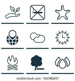 Set Of 9 Ecology Icons. Includes Sun Clock, Cloud Cumulus, Bonfire And Other Symbols. Beautiful Design Elements.