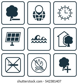 Set Of 9 Ecology Icons. Includes Sun Power, Insert Woods, Sun Clock And Other Symbols. Beautiful Design Elements.