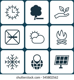 Set Of 9 Ecology Icons. Includes Sun Clock, Pin Earth, Clear Climate And Other Symbols. Beautiful Design Elements.