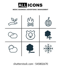 Set Of 9 Ecology Icons. Includes Insert Woods, World Ecology, Delete Woods And Other Symbols. Beautiful Design Elements.