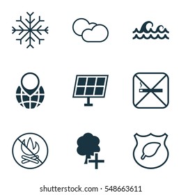 Set Of 9 Ecology Icons. Includes Fire Banned, Ocean Wave, Pin Earth And Other Symbols. Beautiful Design Elements.