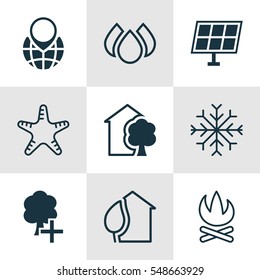 Set Of 9 Ecology Icons. Includes Sun Power, Sea Star, Insert Woods And Other Symbols. Beautiful Design Elements.