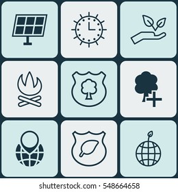Set Of 9 Ecology Icons. Includes World Ecology, Save World, Pin Earth And Other Symbols. Beautiful Design Elements.