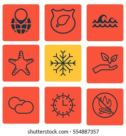 Set Of 9 Ecology Icons. Includes Fire Banned, Ocean Wave, Snow And Other Symbols. Beautiful Design Elements.