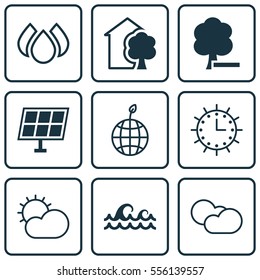 Set Of 9 Ecology Icons. Includes World Ecology, Sun Clock, Ocean Wave And Other Symbols. Beautiful Design Elements.