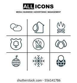 Set Of 9 Ecology Icons. Includes Cloud Cumulus, Timber, Snow And Other Symbols. Beautiful Design Elements.