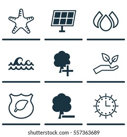 Set Of 9 Ecology Icons. Includes Ocean Wave, Delete Woods, Save World And Other Symbols. Beautiful Design Elements.