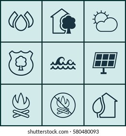 Set Of 9 Ecology Icons. Includes Bonfire, House, Timber And Other Symbols. Beautiful Design Elements.
