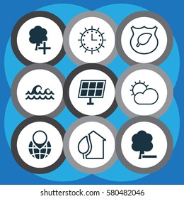 Set Of 9 Ecology Icons. Includes Clear Climate, Ocean Wave, Sun Clock And Other Symbols. Beautiful Design Elements.