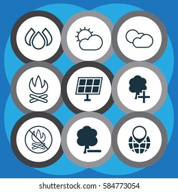 Set Of 9 Ecology Icons. Includes Insert Woods, Pin Earth, Cloud Cumulus And Other Symbols. Beautiful Design Elements.