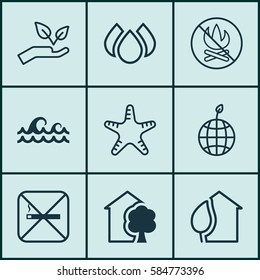 Set Of 9 Ecology Icons. Includes Cigarette, World Ecology, Ocean Wave And Other Symbols. Beautiful Design Elements.