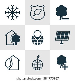 Set Of 9 Ecology Icons. Includes House, World Ecology, Guard Tree And Other Symbols. Beautiful Design Elements.