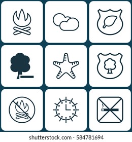 Set Of 9 Ecology Icons. Includes Fire Banned, Sun Clock, Cloud Cumulus And Other Symbols. Beautiful Design Elements.