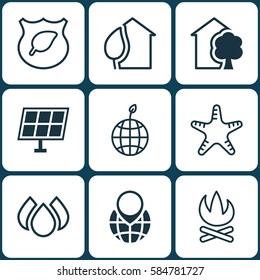 Set Of 9 Ecology Icons. Includes Sun Power, House, World Ecology And Other Symbols. Beautiful Design Elements.
