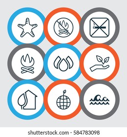 Set Of 9 Ecology Icons. Includes Fire Banned, Aqua, Home And Other Symbols. Beautiful Design Elements.