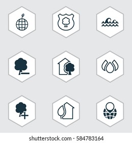 Set Of 9 Ecology Icons. Includes Insert Woods, Home, Pin Earth And Other Symbols. Beautiful Design Elements.