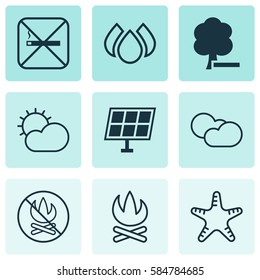 Set Of 9 Ecology Icons. Includes Sea Star, Clear Climate, Fire Banned And Other Symbols. Beautiful Design Elements.