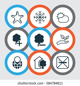Set Of 9 Ecology Icons. Includes Snow, Sea Star, House And Other Symbols. Beautiful Design Elements.