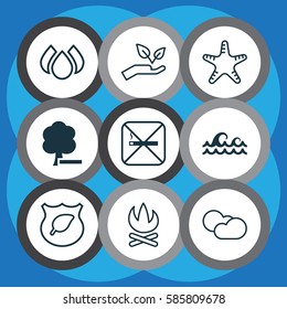 Set Of 9 Ecology Icons. Includes Save World, Sea Star, Delete Woods And Other Symbols. Beautiful Design Elements.