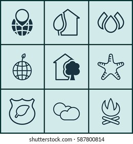 Set Of 9 Ecology Icons. Includes World Ecology, Guard Tree, Aqua And Other Symbols. Beautiful Design Elements.