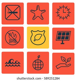 Set Of 9 Ecology Icons. Includes Ocean Wave, Sea Star, Guard Tree And Other Symbols. Beautiful Design Elements.