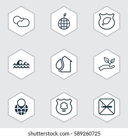 Set Of 9 Ecology Icons. Includes Ocean Wave, Pin Earth, Guard Tree And Other Symbols. Beautiful Design Elements.