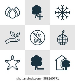 Set Of 9 Ecology Icons. Includes Fire Banned, Save World, World Ecology And Other Symbols. Beautiful Design Elements.