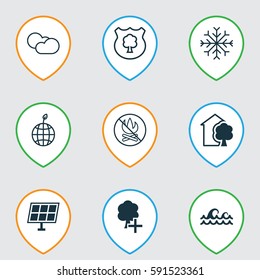 Set Of 9 Ecology Icons. Includes World Ecology, Cloud Cumulus, Insert Woods And Other Symbols. Beautiful Design Elements.