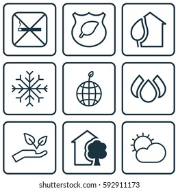 Set Of 9 Ecology Icons. Includes World Ecology, Aqua, House And Other Symbols. Beautiful Design Elements.