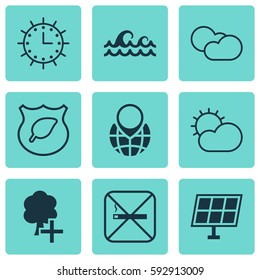 Set Of 9 Ecology Icons. Includes Ocean Wave, Insert Woods, Pin Earth And Other Symbols. Beautiful Design Elements.