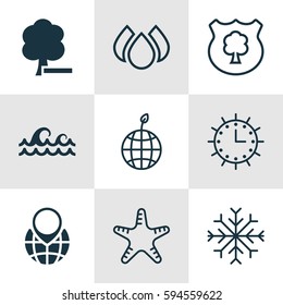 Set Of 9 Ecology Icons. Includes Ocean Wave, Timber, Sun Clock And Other Symbols. Beautiful Design Elements.