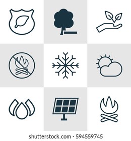 Set Of 9 Ecology Icons. Includes Sun Power, Aqua, Snow And Other Symbols. Beautiful Design Elements.