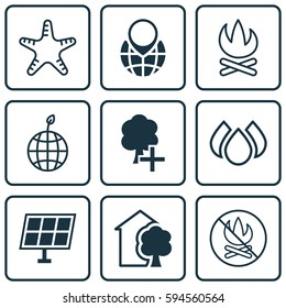 Set Of 9 Ecology Icons. Includes Sun Power, Bonfire, Fire Banned And Other Symbols. Beautiful Design Elements.