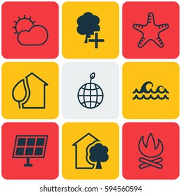 Set Of 9 Ecology Icons. Includes World Ecology, House, Sun Power And Other Symbols. Beautiful Design Elements.