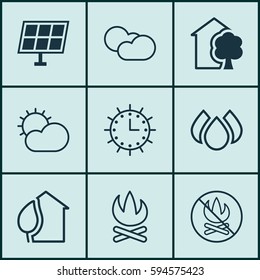 Set Of 9 Ecology Icons. Includes Sun Clock, Fire Banned, Aqua And Other Symbols. Beautiful Design Elements.