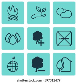 Set Of 9 Ecology Icons. Includes Delete Woods, Insert Woods, Aqua And Other Symbols. Beautiful Design Elements.