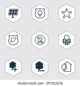 Set Of 9 Ecology Icons. Includes Home, Sea Star, Timber And Other Symbols. Beautiful Design Elements.