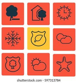Set Of 9 Ecology Icons. Includes Clear Climate, House, Sun Clock And Other Symbols. Beautiful Design Elements.