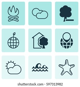 Set Of 9 Ecology Icons. Includes Ocean Wave, House, Clear Climate And Other Symbols. Beautiful Design Elements.
