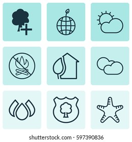 Set Of 9 Ecology Icons. Includes Sea Star, Insert Woods, Home And Other Symbols. Beautiful Design Elements.