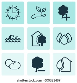 Set Of 9 Ecology Icons. Includes Cloud Cumulus, House, Home And Other Symbols. Beautiful Design Elements.