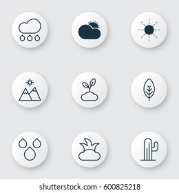 Set Of 9 Ecology Icons. Includes Tree Leaf, Sunny Weather, Cactus And Other Symbols. Beautiful Design Elements.