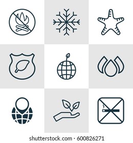 Set Of 9 Ecology Icons. Includes World Ecology, Save World, Cigarette And Other Symbols. Beautiful Design Elements.