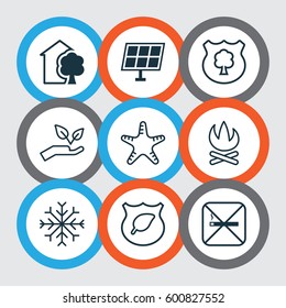 Set Of 9 Ecology Icons. Includes Sea Star, Bonfire, Snow And Other Symbols. Beautiful Design Elements.