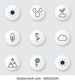Set Of 9 Ecology Icons. Includes Tree Leaf, Cloud, Landscape Symbols. Beautiful Design Elements.