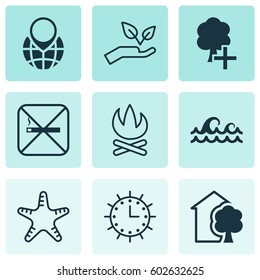 Set Of 9 Ecology Icons. Includes Cigarette, Pin Earth, Save World And Other Symbols. Beautiful Design Elements.