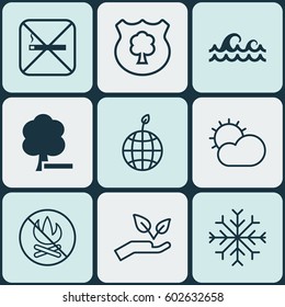 Set Of 9 Ecology Icons. Includes Save World, Cigarette, World Ecology And Other Symbols. Beautiful Design Elements.