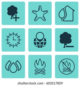Set Of 9 Ecology Icons. Includes Delete Woods, Aqua, Sun Clock And Other Symbols. Beautiful Design Elements.
