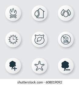 Set Of 9 Ecology Icons. Includes Sea Star, Delete Woods, Aqua And Other Symbols. Beautiful Design Elements.